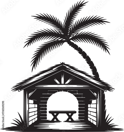 Tropical stable scene with palm tree silhouette