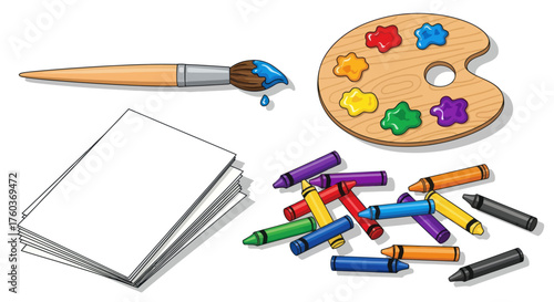 Art Supplies: Paintbrush Palette Paper Stack and Colorful Crayons.