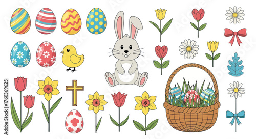 Festive Easter Collection with Bunny Eggs Flowers and Basket.