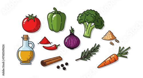 A colorful illustrated collection of fresh vegetables spices and cooking ingredients for healthy meals.