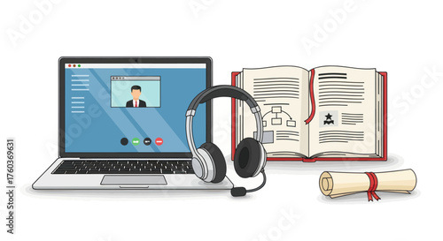 Concept of online education showing a laptop video call headphones an open book and a degree scroll.
