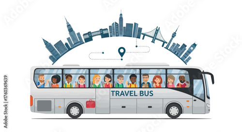 Modern White Travel Bus with Diverse Passengers and City Skyline.