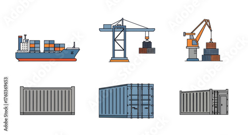 Cargo Ship Tower Crane and Shipping Containers Illustration.