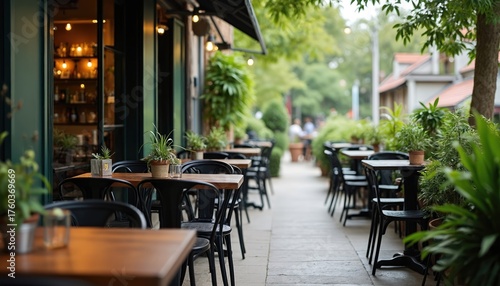 Outdoor restaurant patio with tables chairs. Empty cafe terrace with green plants. Summer vibes in city. Cozy inviting space for dining and relaxation under sun.