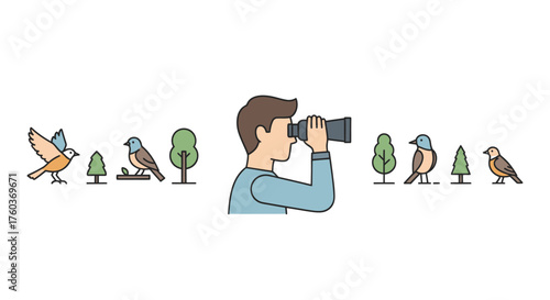 Cartoon Illustration of a Man Birdwatching with Binoculars.