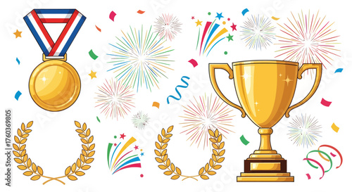 Golden Trophy Medal and Laurel Wreaths with Fireworks and Confetti.