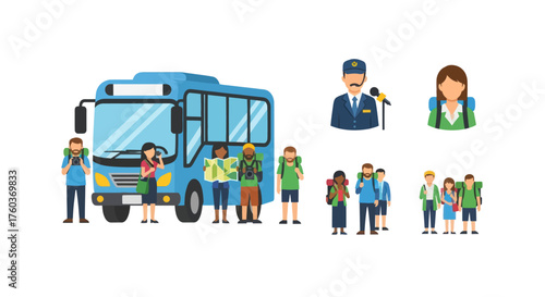 School trip vector illustration set featuring students teachers and a blue tour bus.