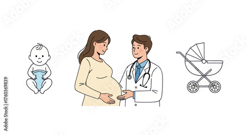 Pregnant Woman Consulting Doctor with Baby and Stroller Illustrations.
