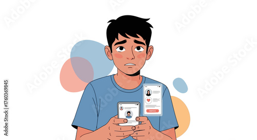 Anxious young man looking at a dating profile on his mobile phone with floating UI elements.