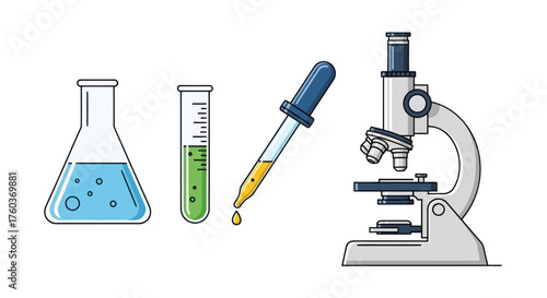 Colorful Science Laboratory Equipment Illustration with Microscope Flask Test Tube and Dropper.