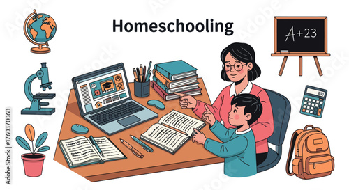 Homeschooling Mother Teaching Young Boy with Books and Laptop.