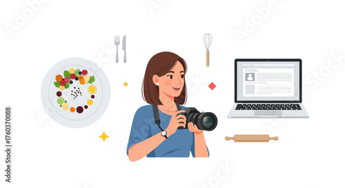 Woman photographer capturing vibrant food and digital content on laptop.