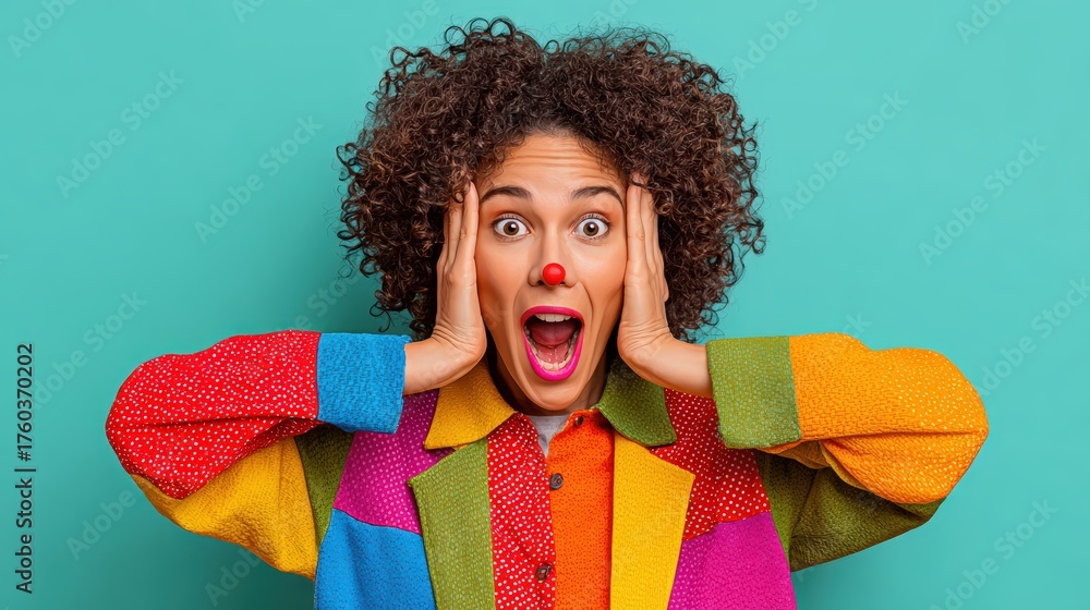 Naklejka premium Expressive young woman with curly hair wea colorful sweater showing shock and surprise emotion isolated on turquoise background