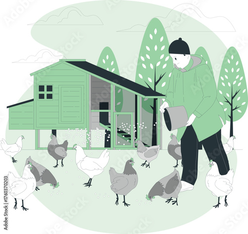 Farmer feeding chickens near a coop with trees and clouds in the background person