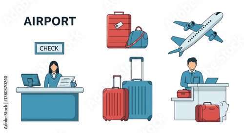 Airport Check-in and Travel Elements Featuring Luggage and Airplane.