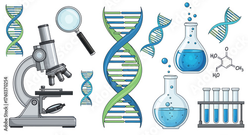 Scientific Equipment and DNA Structure Illustration for Research.