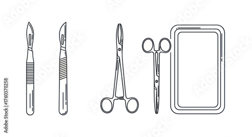 Surgical Instruments: Scalpels Forceps and Tray - Medical Equipment Outline.