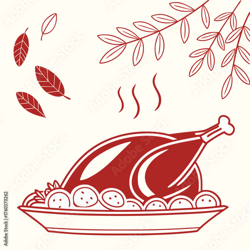 Illustration of a roasted turkey on a platter with garnish and leaves in a simple line drawing style