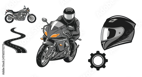 Motorcycle Rider on Sportbike with Helmet and Road Illustrations.