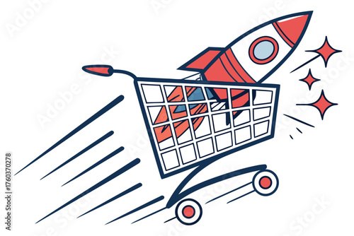 Illustration of a rocket ship in a shopping cart with speed lines and stars on a white background art