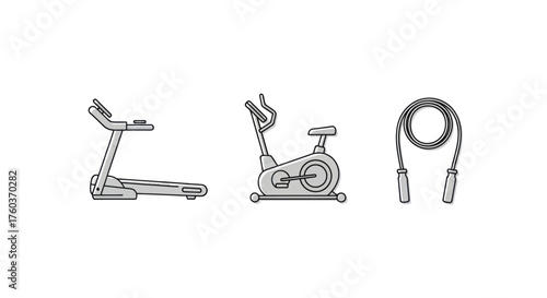 Treadmill Exercise Bike and Jump Rope: Fitness Equipment Line Art.