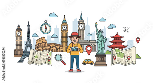 Cheerful Traveler with Iconic Landmarks and Travel Essentials.