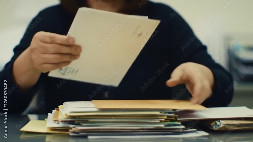 Person sorting through a pile of mail and envelopes at a desk.