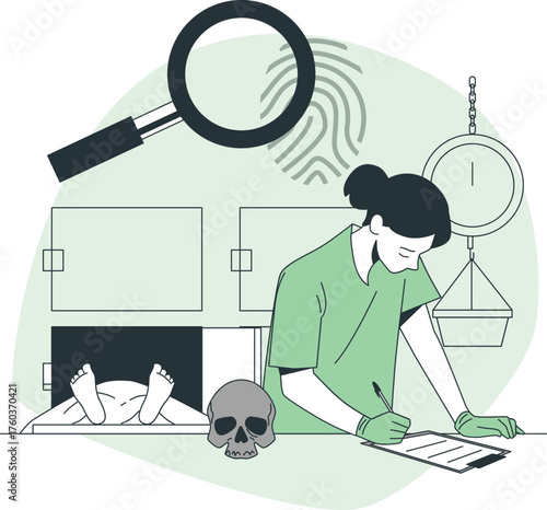 Forensic investigator documenting a body bag and skull at a crime scene with a fingerprint vector illustration