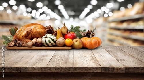 Array of Fresh Harvest Vegetables and Pumpkins Displayed on Wooden Surface in a Grocery Store Aisle for Organic Food and Market Shopping