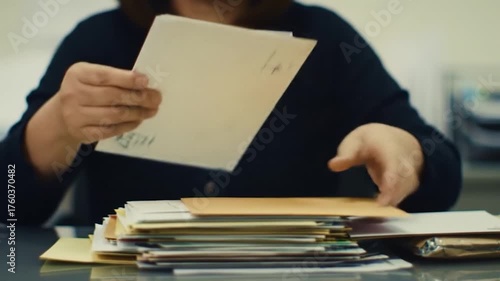 Person sorting through a pile of mail and envelopes at a desk.