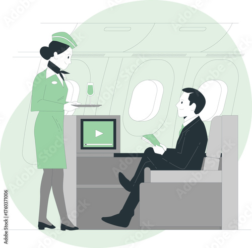 Flight attendant serving a passenger in a modern airplane cabin with entertainment screen service