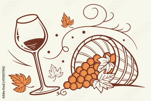 Illustration of a wine glass filled with red wine next to a basket of grapes and autumn leaves decoration