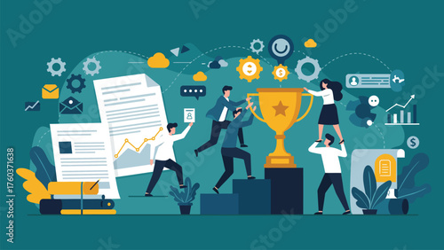 Business team achieving success and celebrating with a golden trophy.