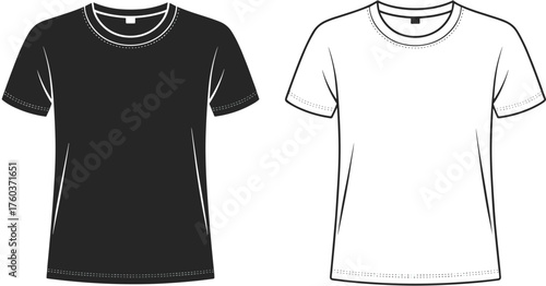 Black t shirt, white t shirt, plain crew neck, short sleeve apparel, fashion flat sketch, clothing template, cad drawing flat vector illustration