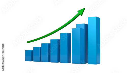 Free Download 3D blue bar graph with increasing heights, overlaid by a green upward arrow - GFXLoad