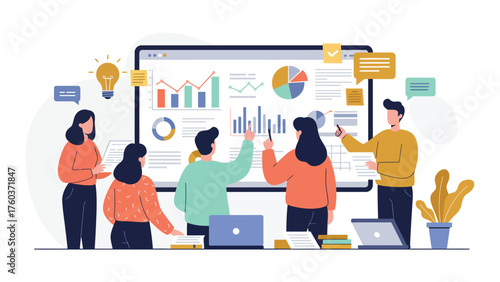 Business team analyzing data on a large screen with charts and graphs.