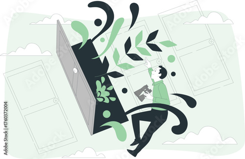 Man reaching towards a surreal open door with floating elements and a camera vector illustration