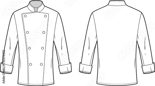 Chef jacket fashion flat sketch, technical garment illustration with double breasted buttons, stand collar, long sleeves, front and back view, CAD drawing flat vector illustration