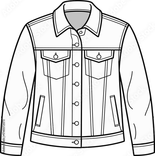 Denim jacket technical flat sketch, front and back view, button down closure, chest flap pockets, seam detailing, CAD drawing flat vector illustration