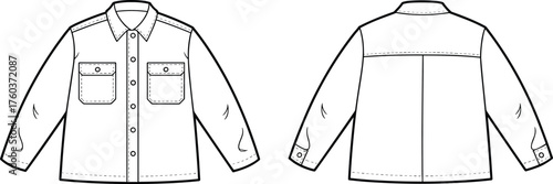 Classic long sleeve shirt fashion flat sketch, technical garment illustration with collar, chest pockets, button closure, front and back view, CAD drawing flat vector illustration