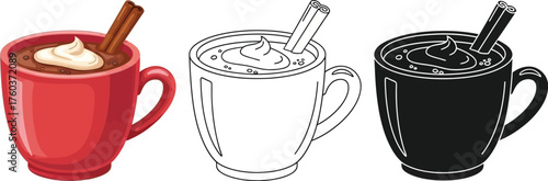 Mug of hot chocolate with cinnamon stick illustration in color, line art, and silhouette