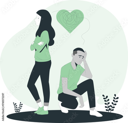 Couple in conflict with a tangled heart symbol representing relationship problems argument breakup