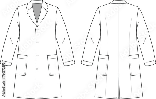 Lab coat technical flat sketch, front and back view, notched lapel collar, patch pockets, button closure, vented back, CAD drawing flat vector illustration