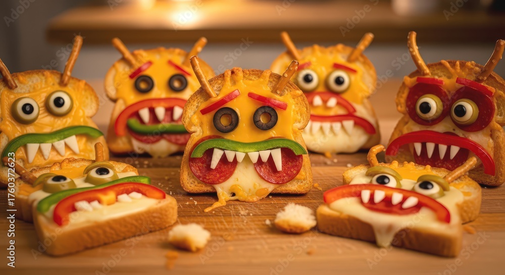 Obraz premium Monster toast with cheese, vegetables, and pretzels for a fun and spooky halloween treat, perfect for kids party snacks