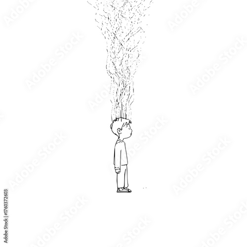 A boy in profile with a cloud of chaotic lines emanating from his head in a minimalist black and white drawing
