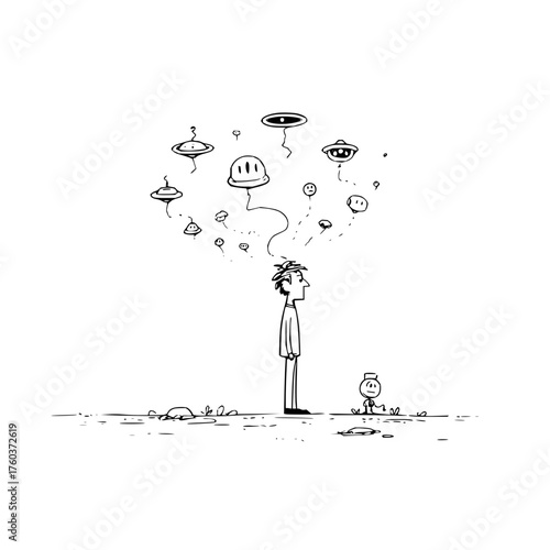 Man standing with ufo thoughts above his head and a small seated figure nearby in a cartoon style drawing