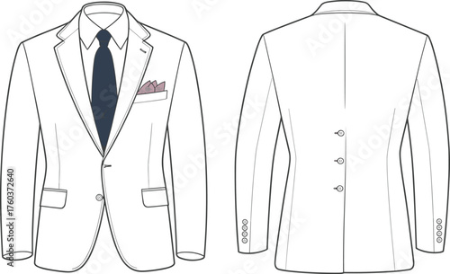 Men’s suit jacket technical flat sketch, front and back view, fashion CAD drawing, tailored blazer design, vector illustration template