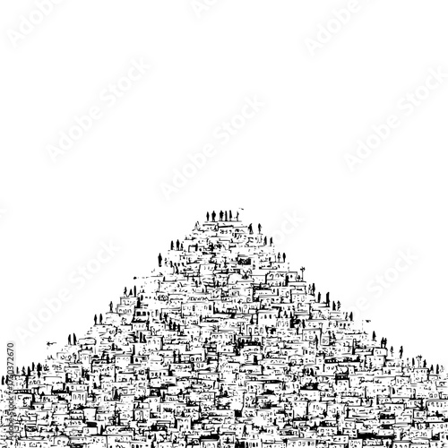A dense cityscape illustration resembling a mountain with figures standing on the buildings top in black and white
