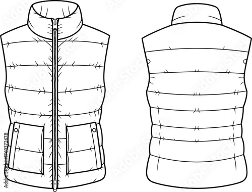 Padded vest technical flat sketch, front and back view, quilted design, high collar, flap pockets, zipper closure, CAD drawing flat vector illustration