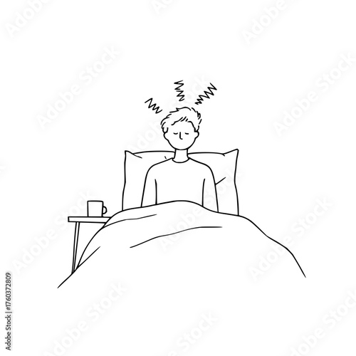 A person sleeping in bed with a cup on a nightstand and sleep zzz above their head in a line drawing